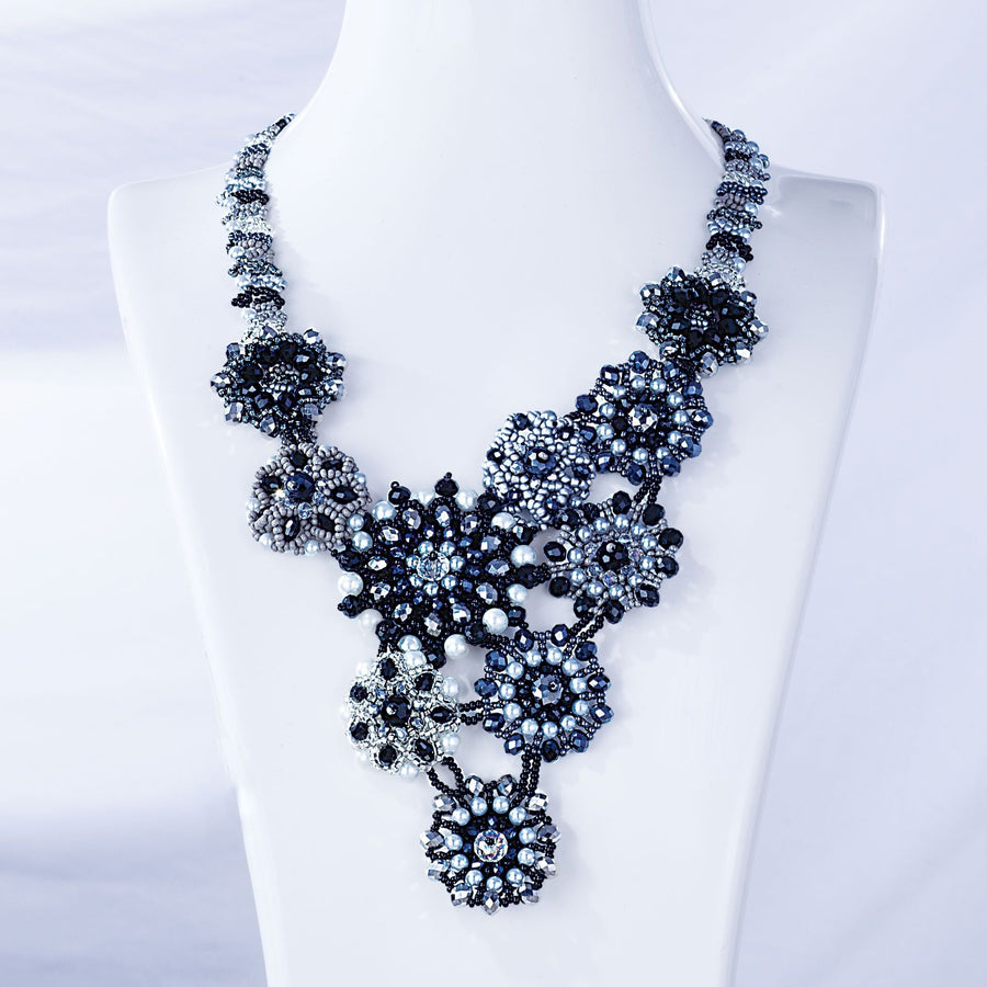 Floral Black & White Guatemalan Seed Bead Statement Necklace