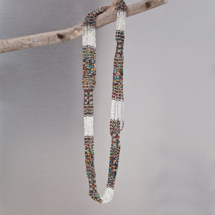 Dark Rainbow & Silver Guatemalan Seed Bead Necklace