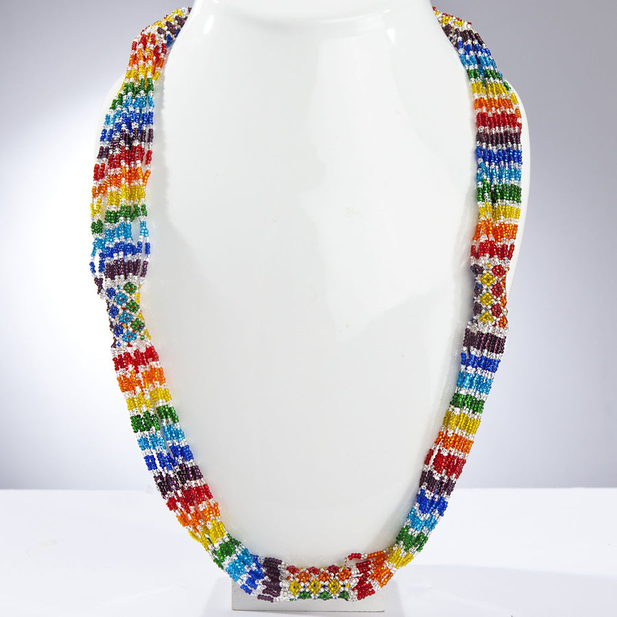 Rainbow & Silver Guatemalan Seed Bead Necklace
