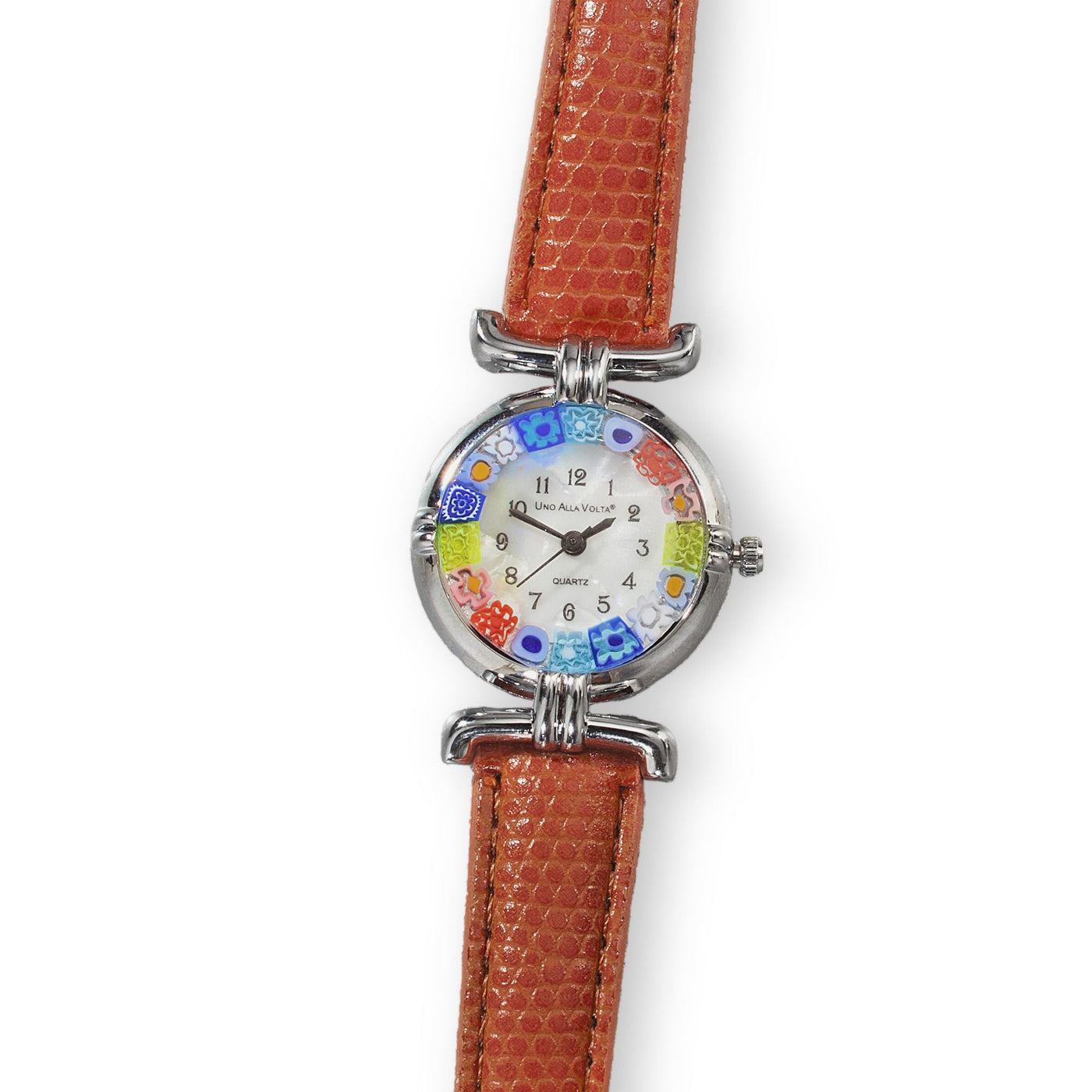 Murano Glass Millefiori Watch With Burnt Orange Leather Band