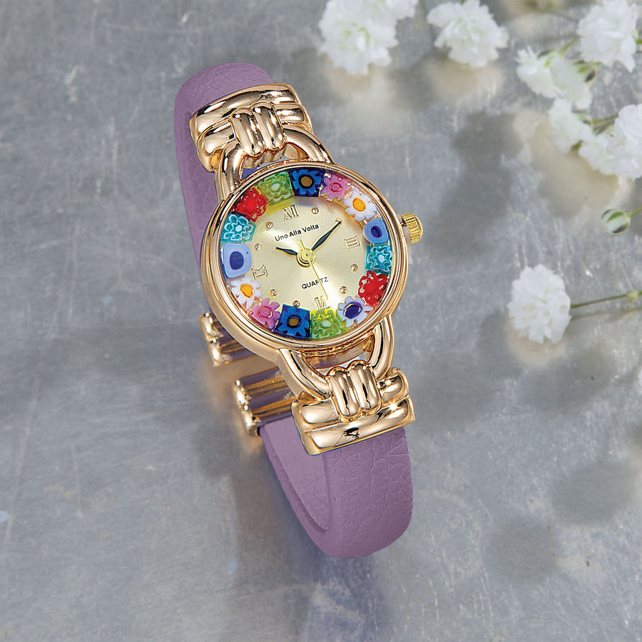 Murano Glass Millefiori Lavender Cuff Watch