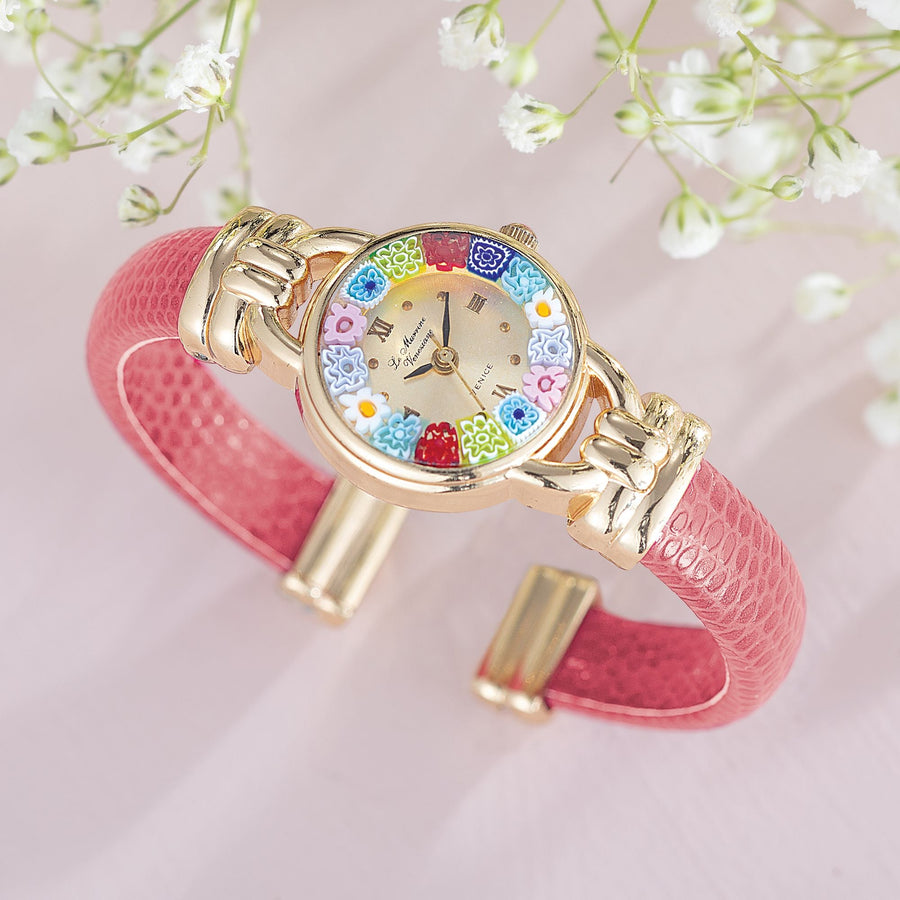 Murano Glass Millefiori Rose Pink Cuff Watch