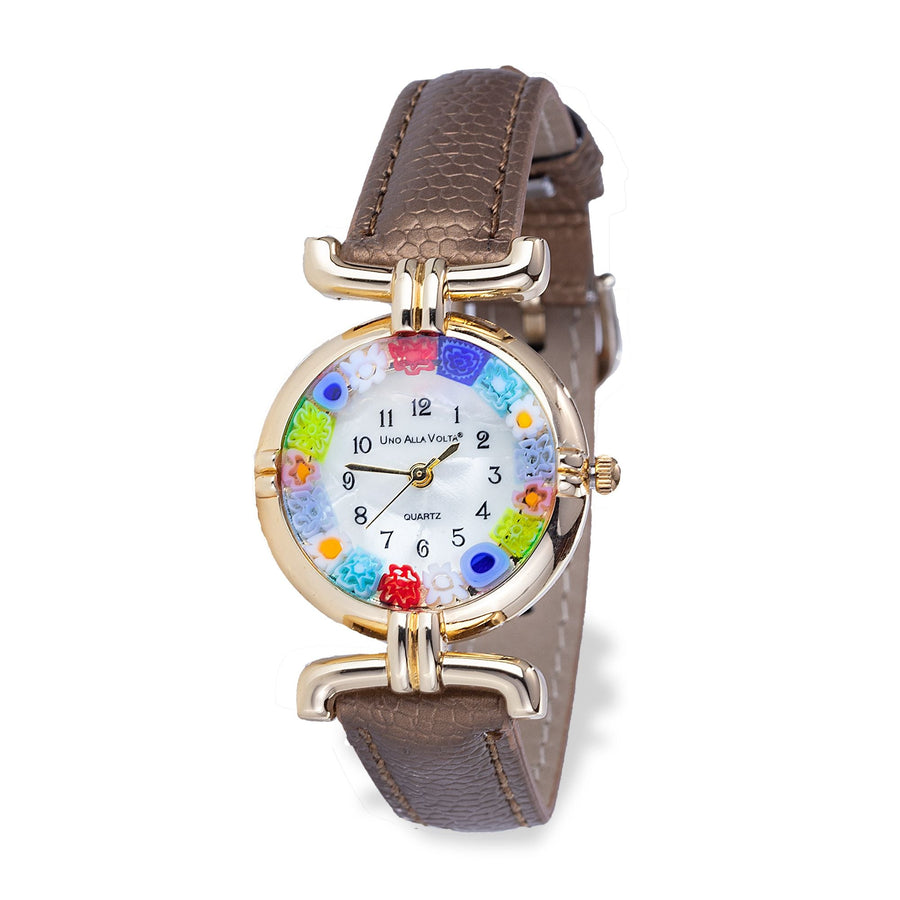 Murano Glass Millefiori Watch With Frosted Bronze Leather Band
