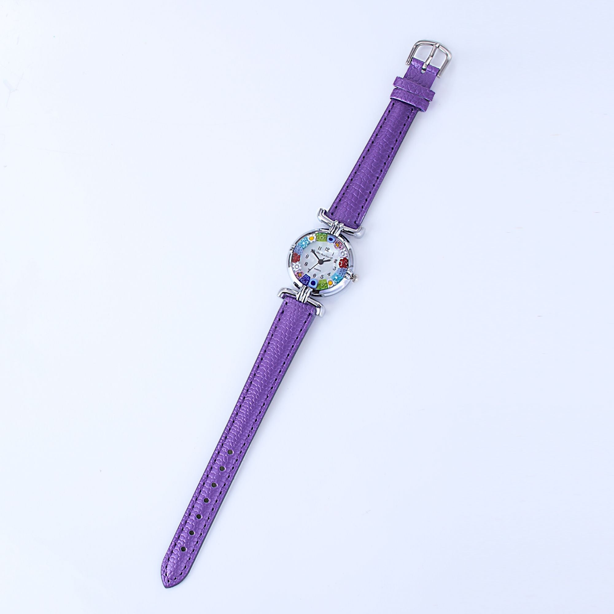 Murano Glass Millefiori Watch With Frosted Purple Leather Band