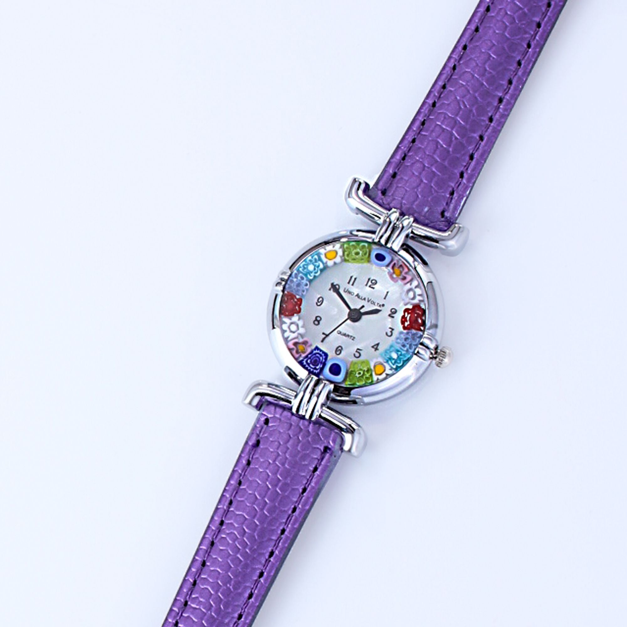 Murano Glass Millefiori Watch With Frosted Purple Leather Band