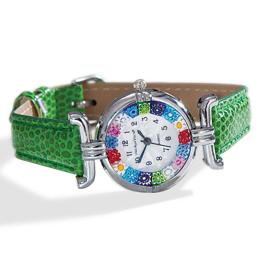Murano Glass Millefiori Watch With Forest Green Leather Band