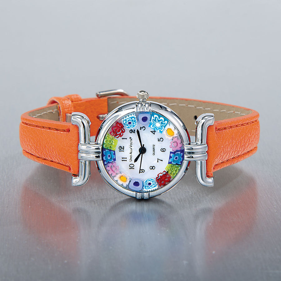 Murano Glass Rainbow Millefiori Watch With Orange Leather Band