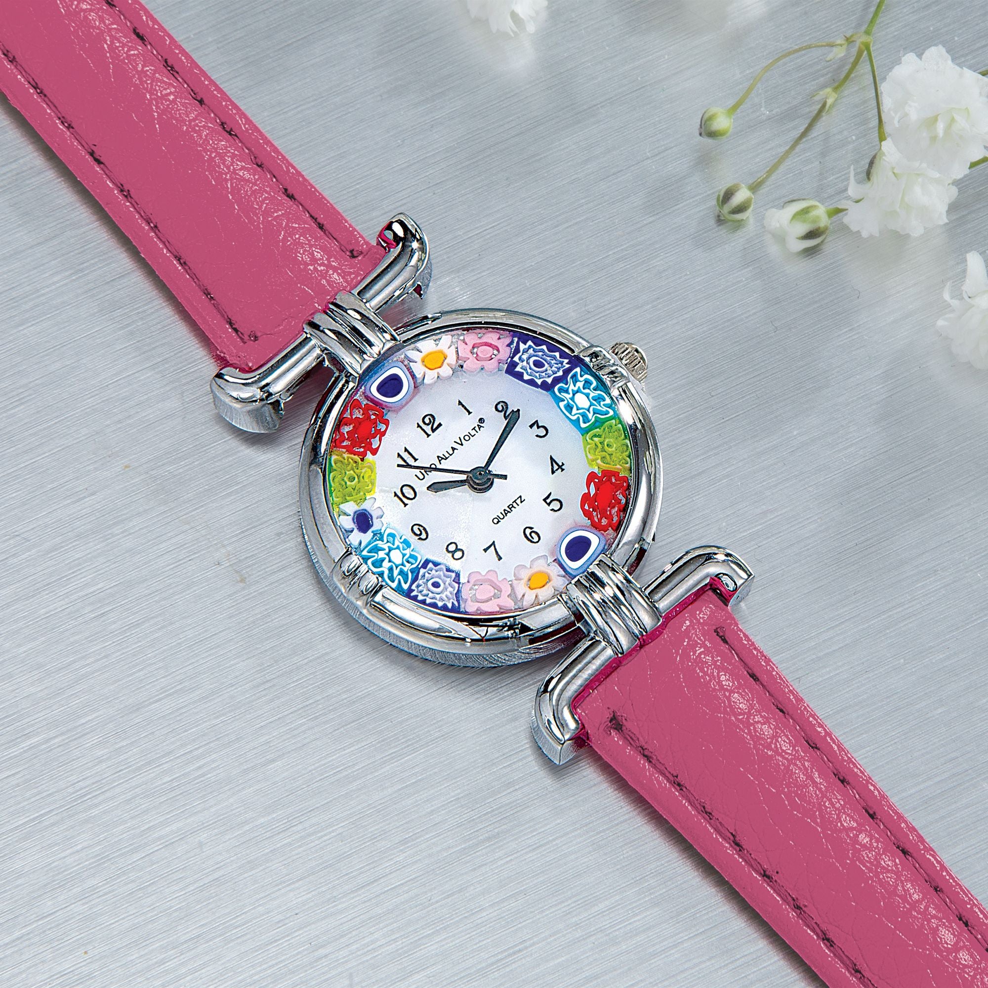 Murano Glass Millefiori Watch With Rose Pink Leather Band