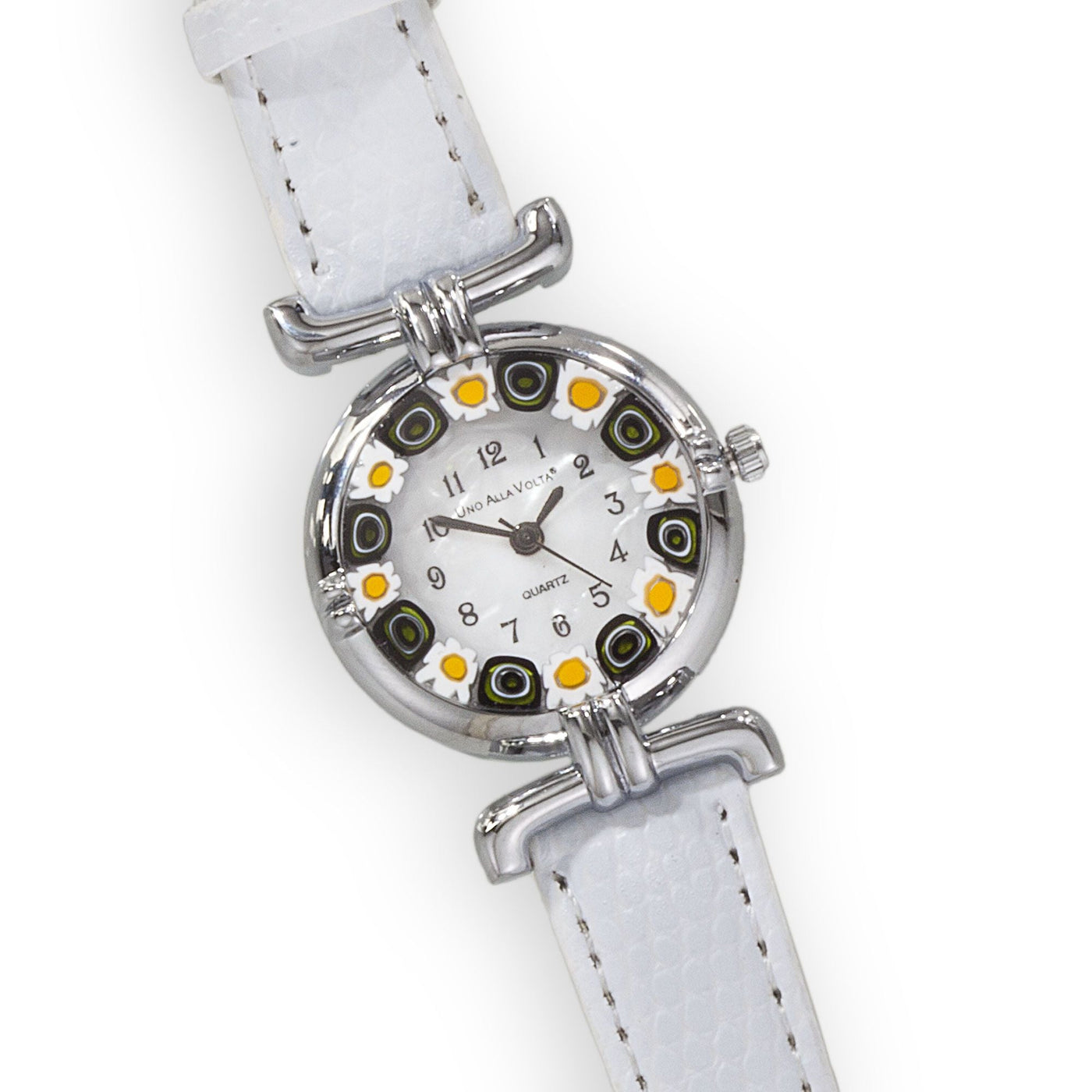 Murano Glass Millefiori Black & Yellow Watch With White Leather Band
