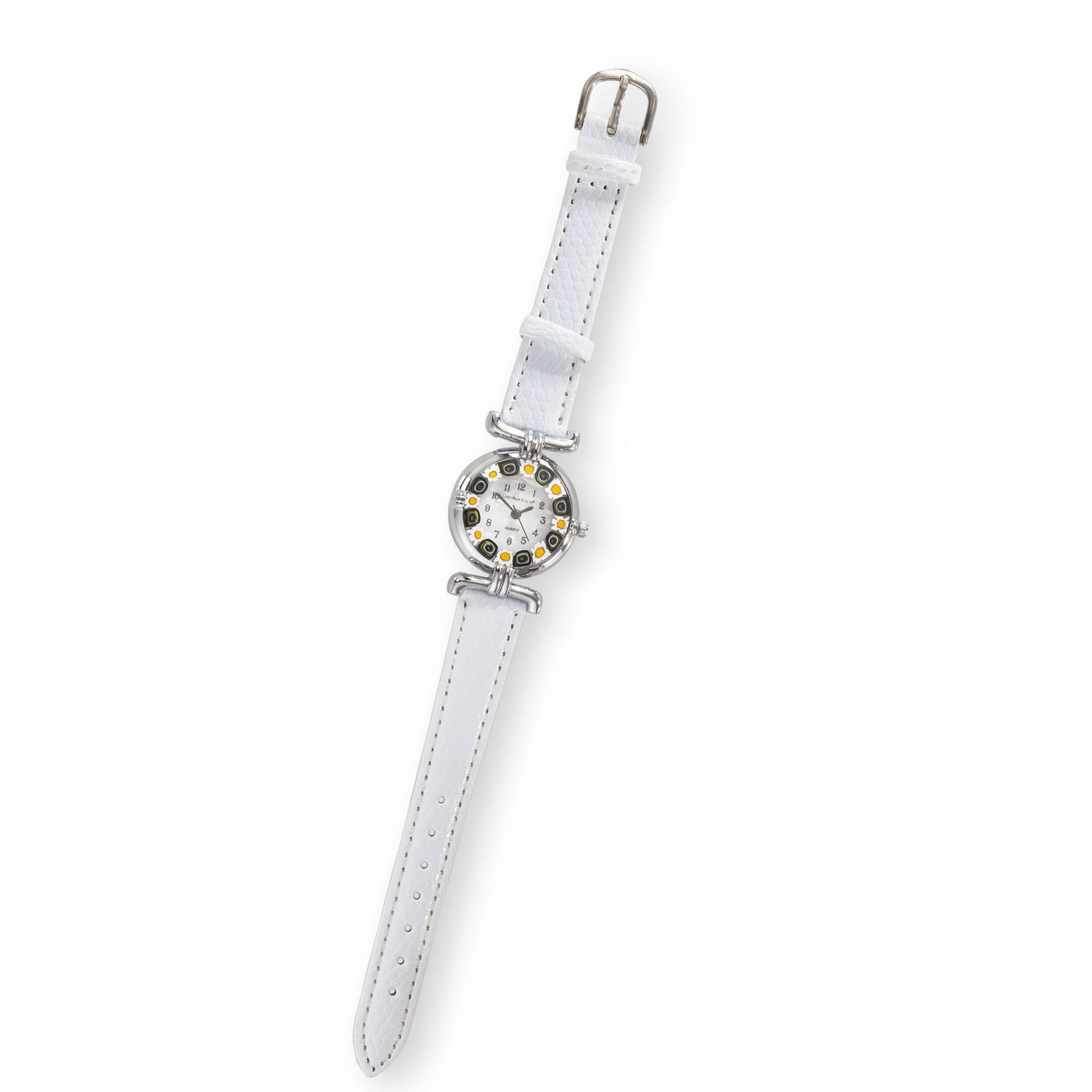 Murano Glass Millefiori Black & Yellow Watch With White Leather Band