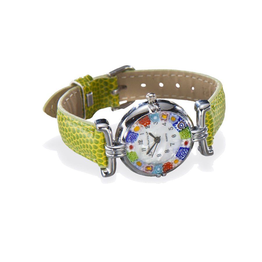 Murano Glass Millefiori Watch With Chartreuse Green Leather Band