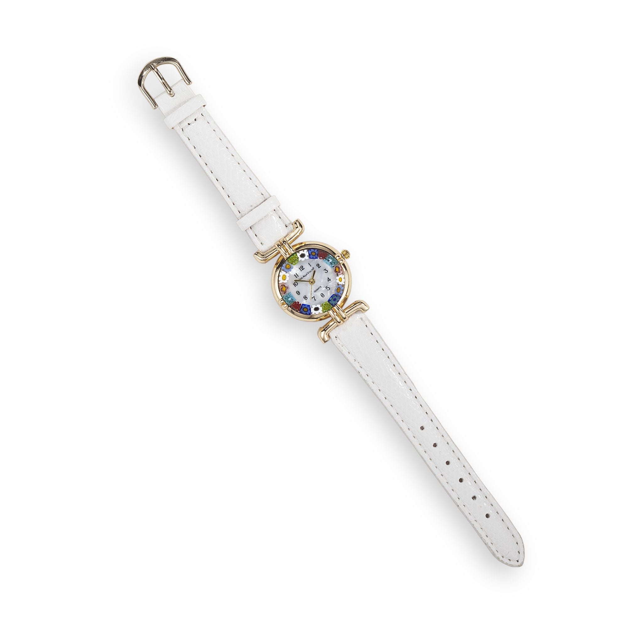 Murano Glass Millefiori Watch With White Leather Band - Gold