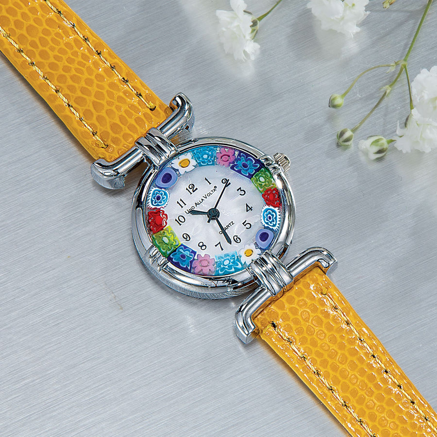 Murano Glass Rainbow Millefiori Watch With Yellow Leather Band