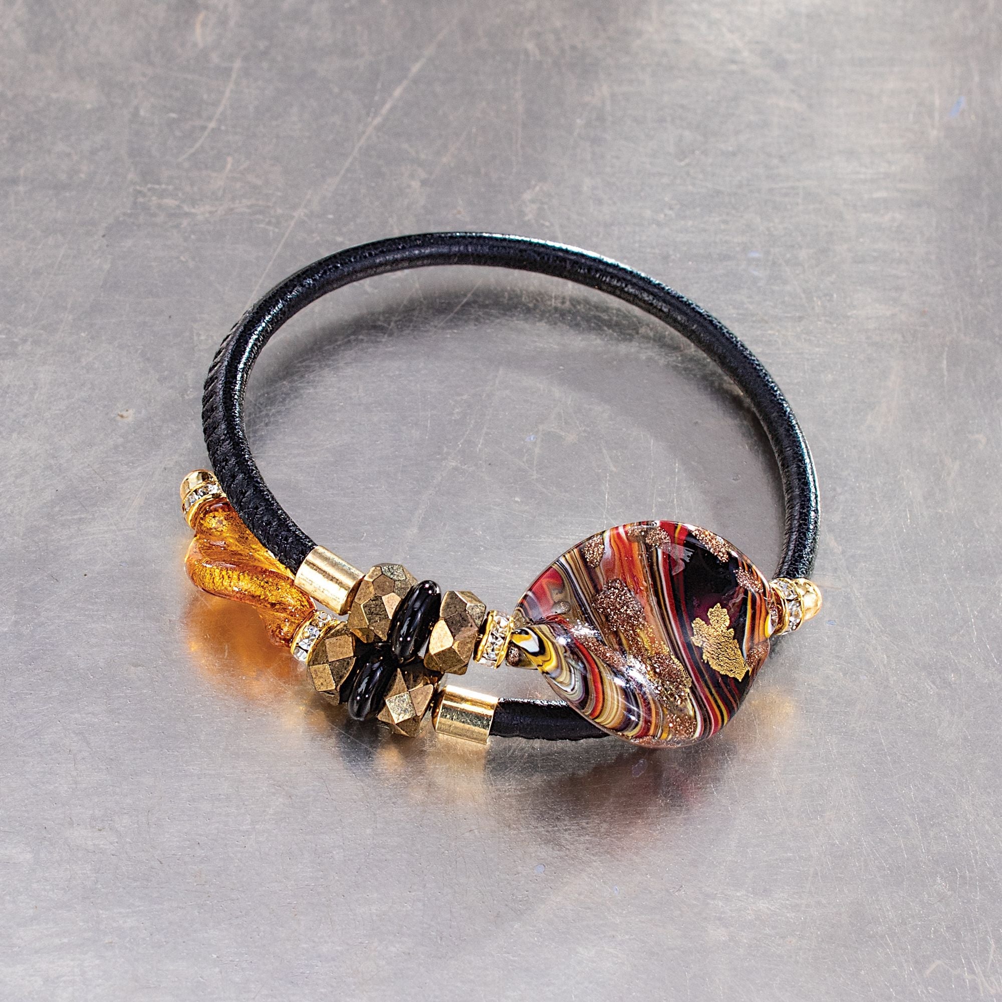 ''Bronze Beauty'' Murano Glass & Leather Memory Wire Bracelet