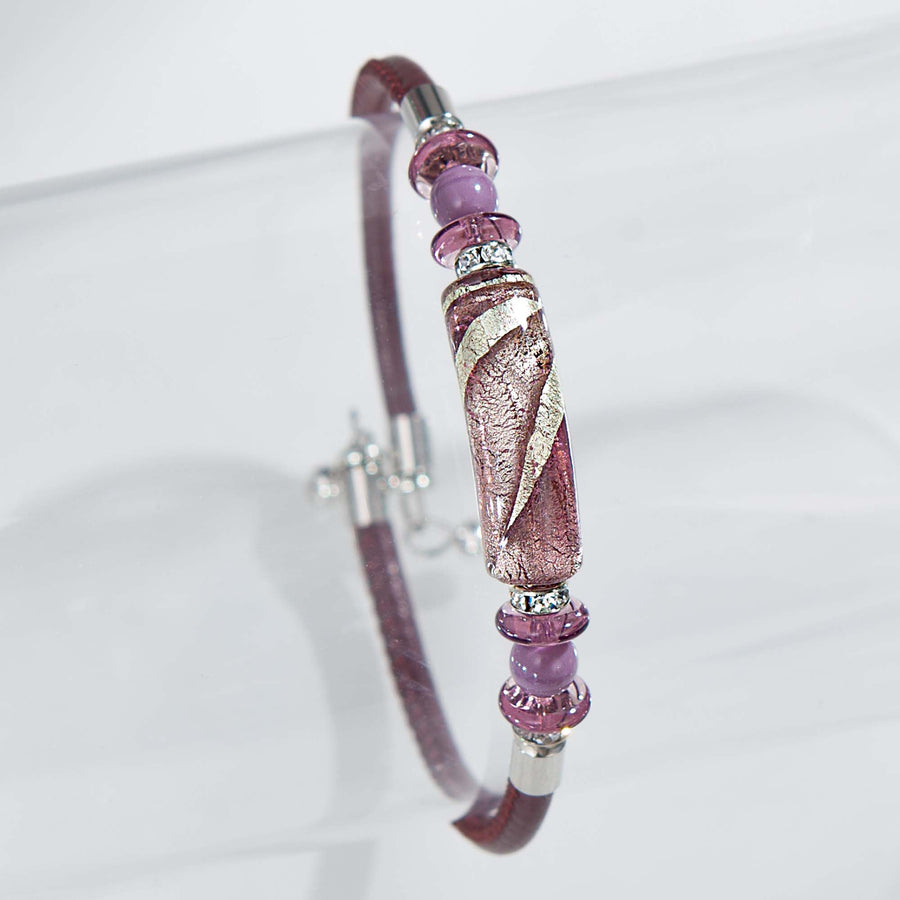 Murano Glass & Purple Leather Memory Wire Bar Bracelet