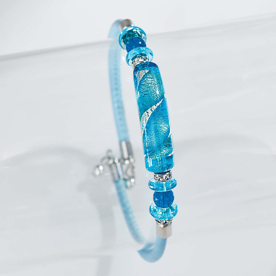 Murano Glass & Aqua Leather Memory Wire Bar Bracelet
