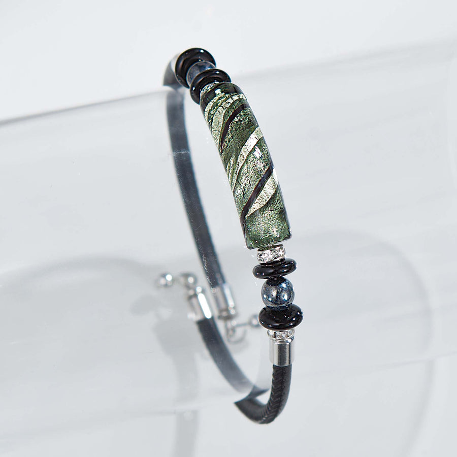 Murano Glass & Black Leather Memory Wire Bar Bracelet