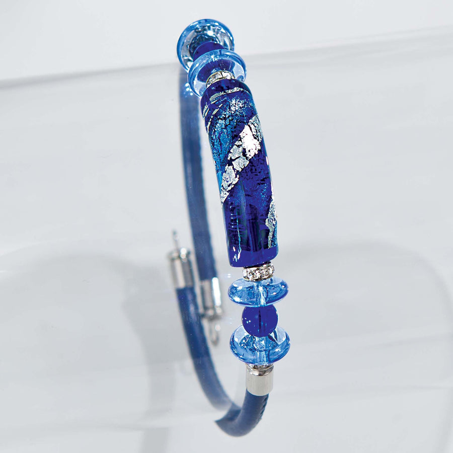 Murano Glass & Cobalt Leather Memory Wire Bar Bracelet