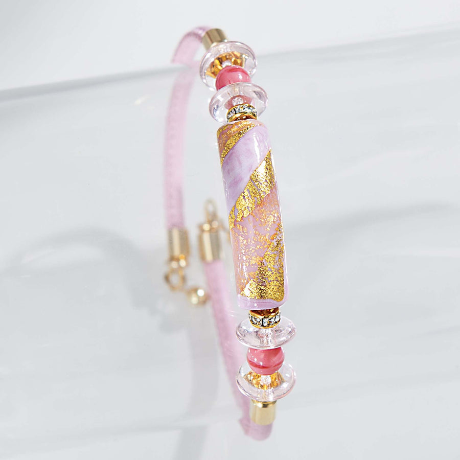 Murano Glass & Pink Leather Memory Wire Bar Bracelet