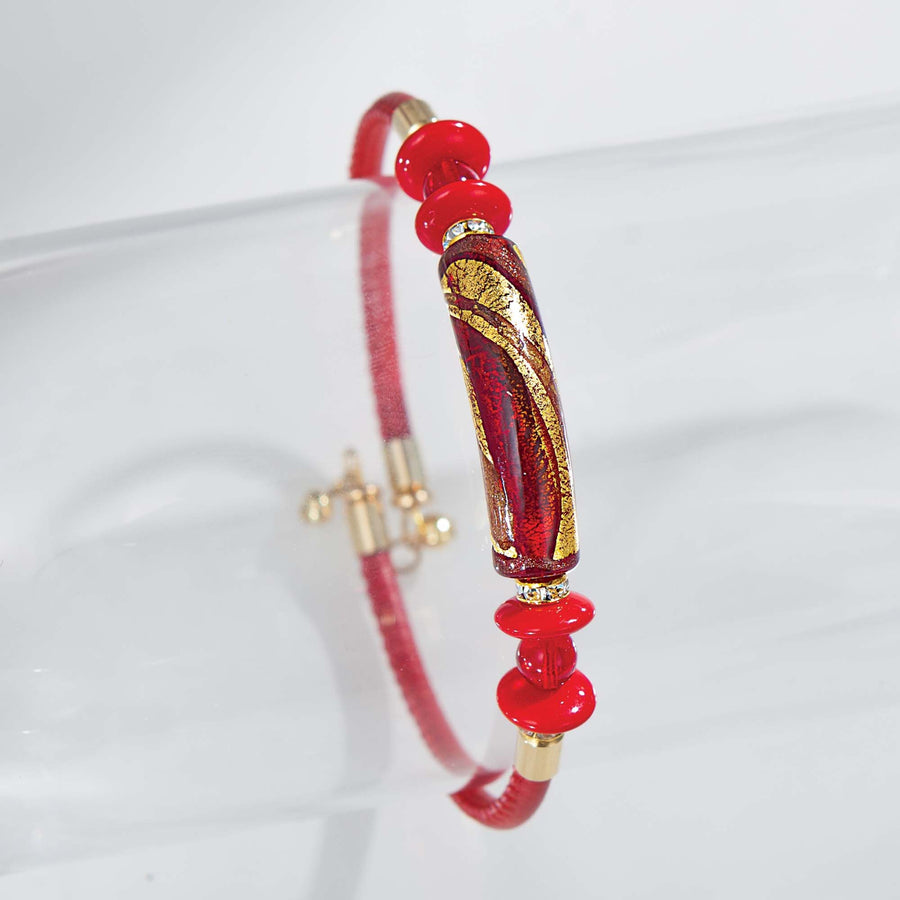 Murano Glass & Red Leather Memory Wire Bar Bracelet