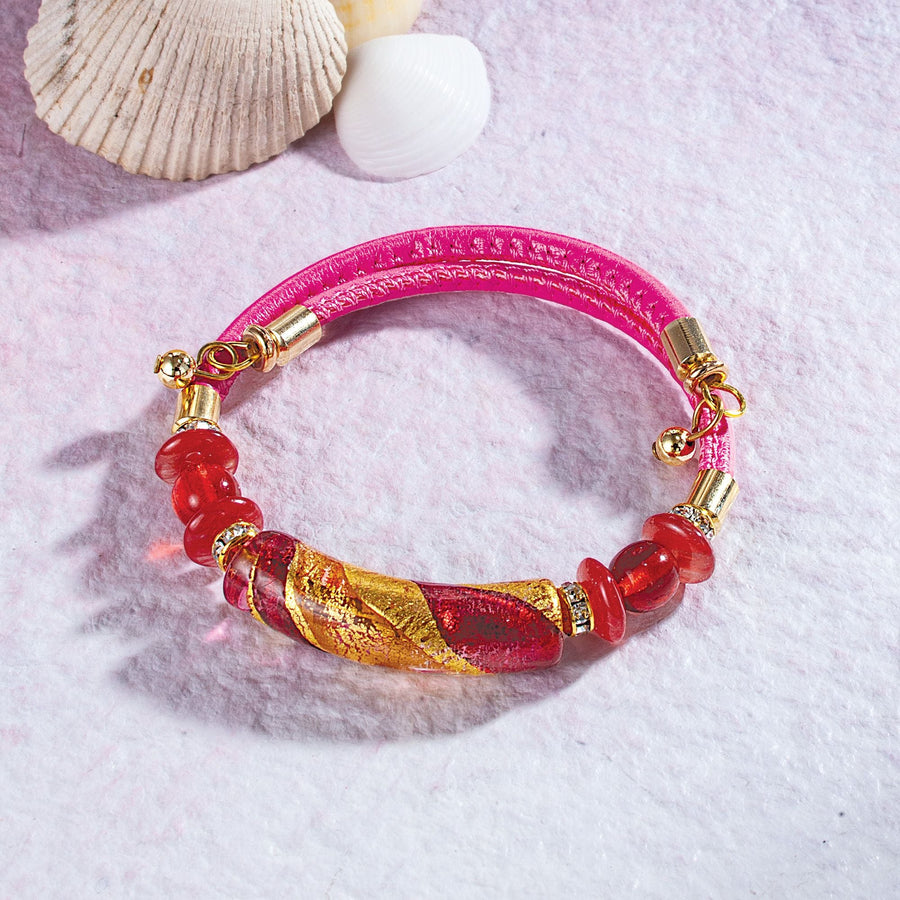 Murano Glass & Pink Leather Beaded Memory Wire Bracelet