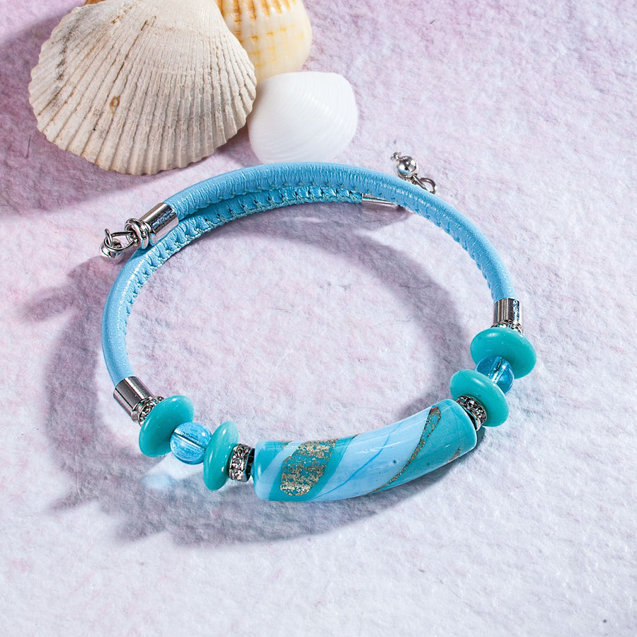 Murano Glass & Light Blue Leather Beaded Memory Wire Bracelet