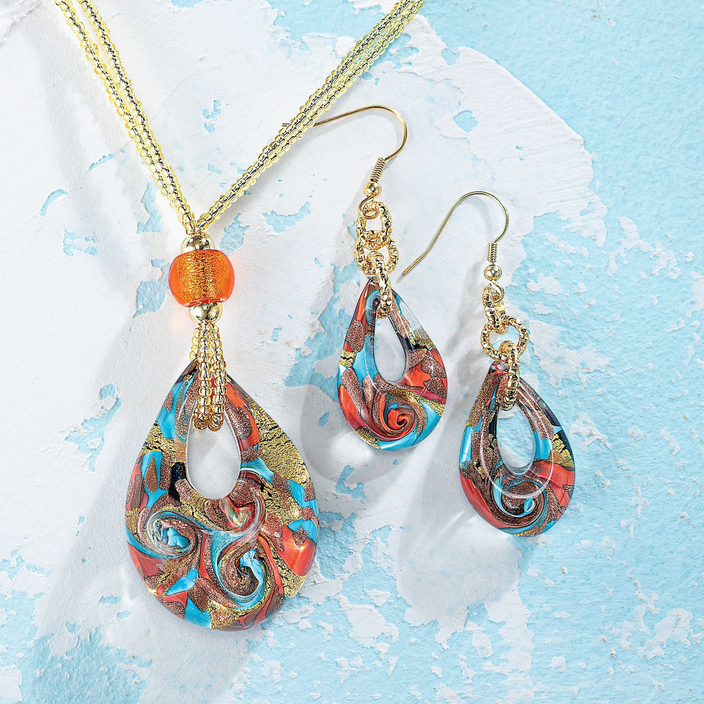 Coral & Turquoise Blue Murano Glass Necklace & Earrings Set