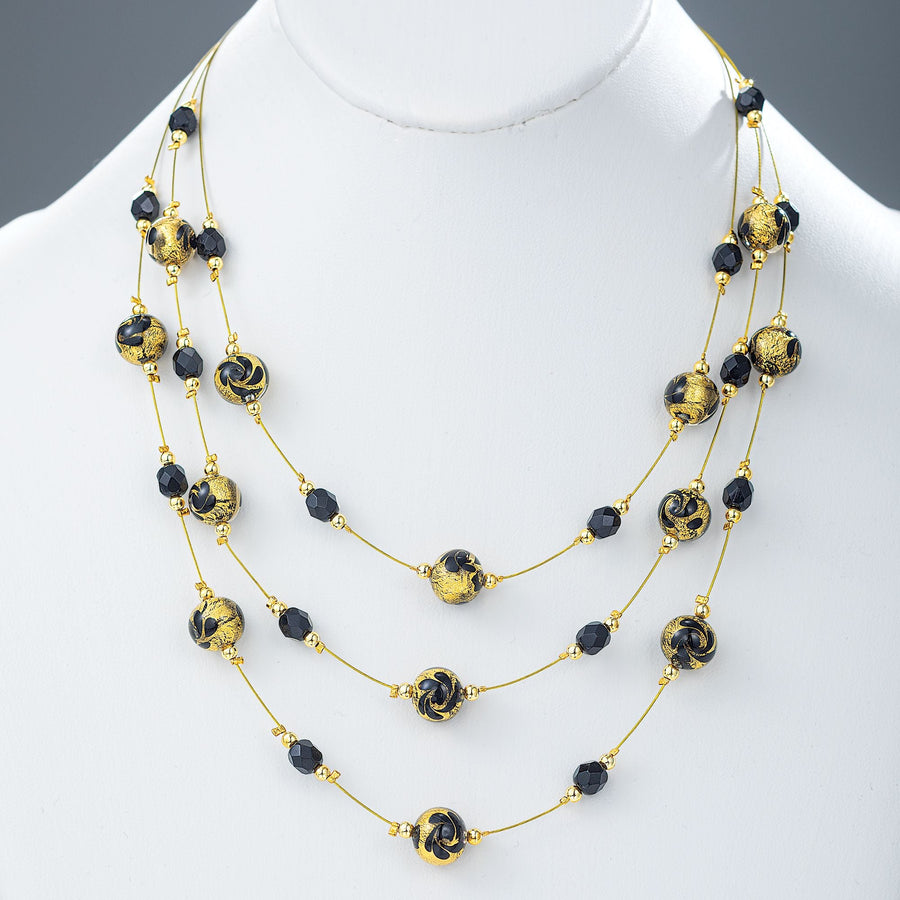 Murano Glass Cascades Of Gold & Black Necklace