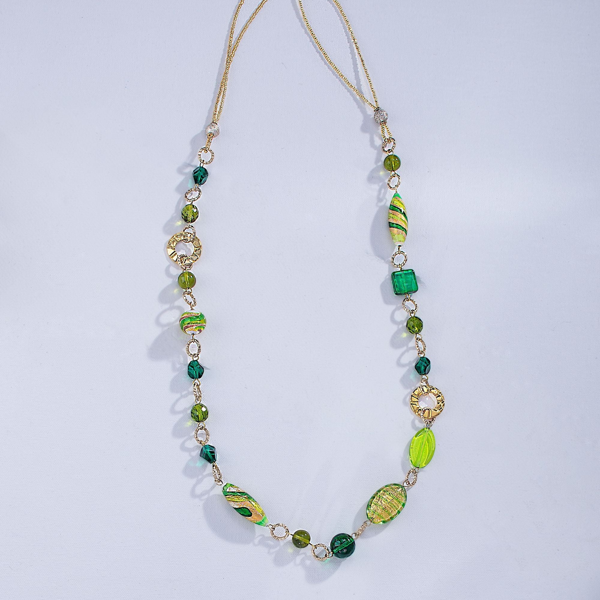 Murano Glass Green & Gold Infused Beaded Long Necklace