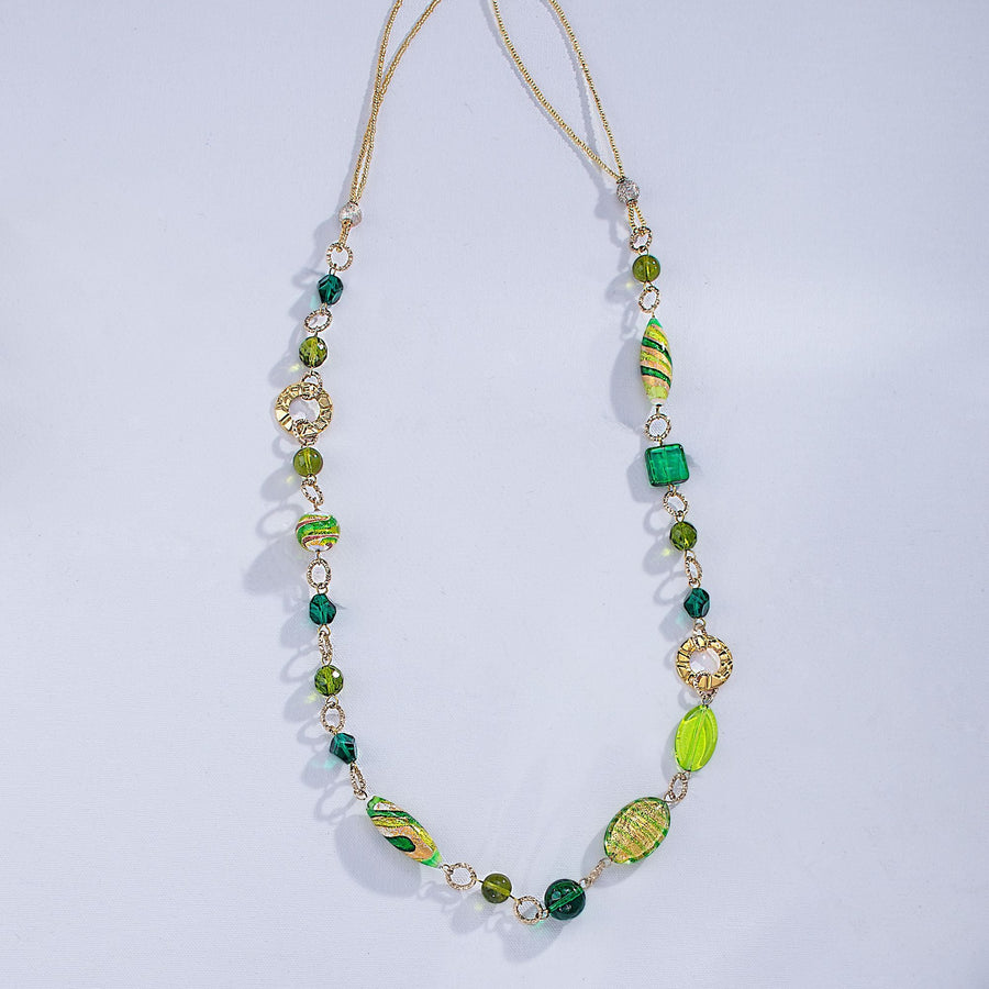 Murano Glass Green & Gold Infused Beaded Long Necklace
