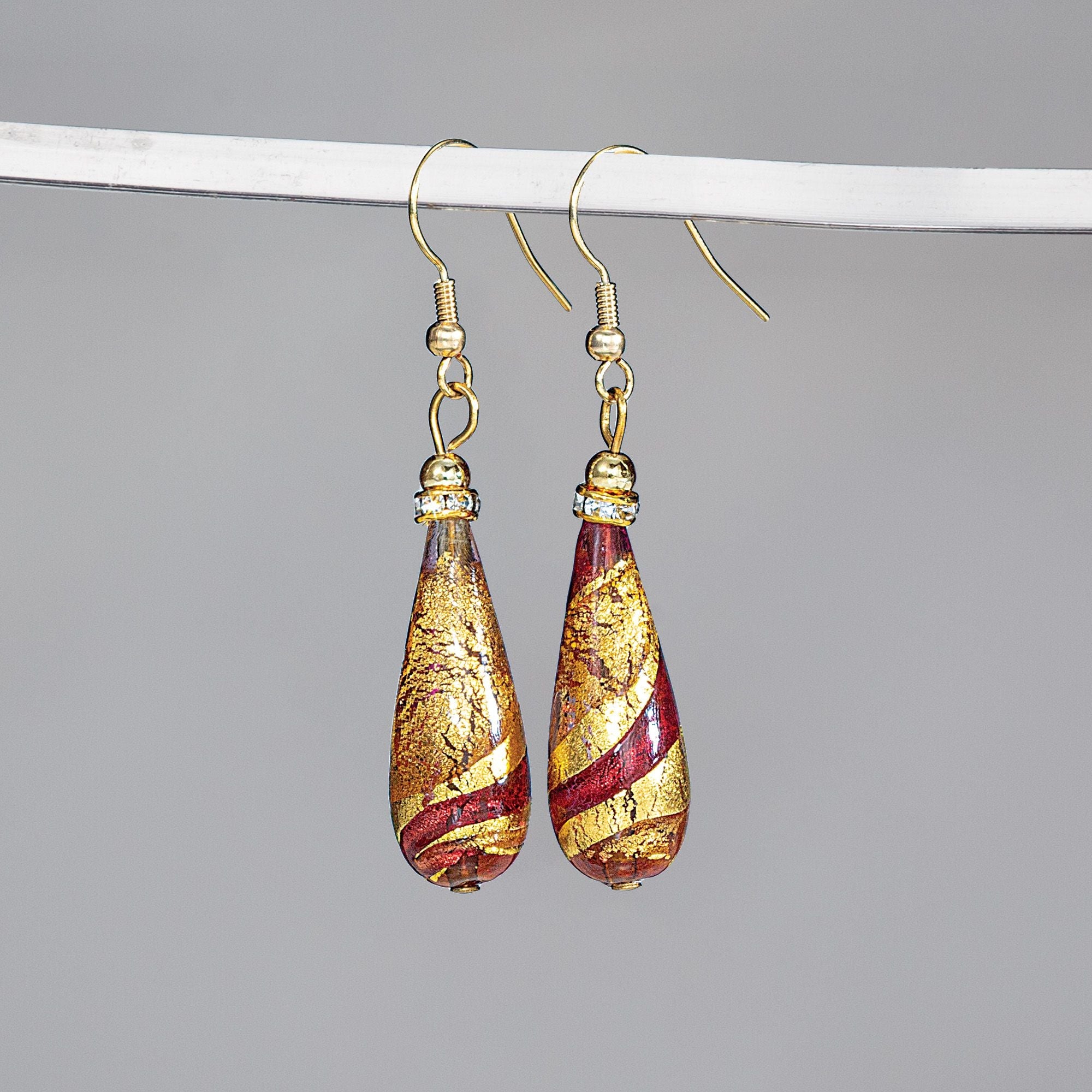 Red & Gold Swirling Murano Glass Earrings