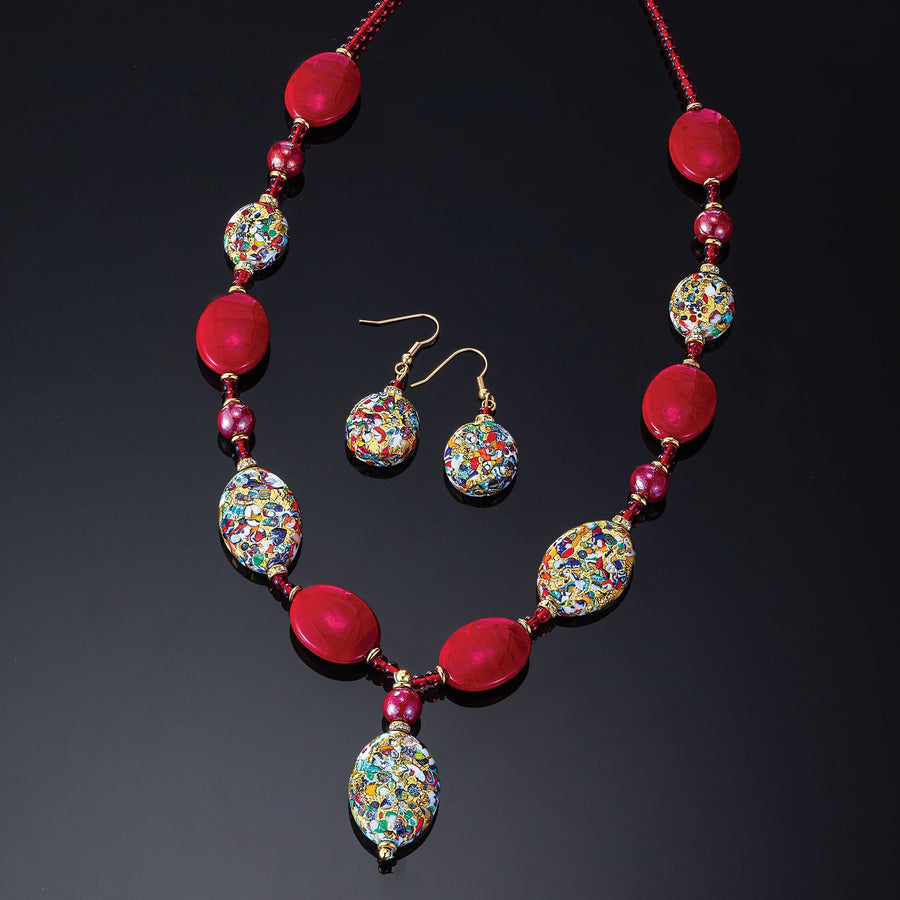 Ruby Red & Rainbows Murano Glass Necklace & Earrings Set