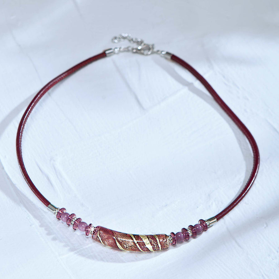 Murano Glass & Purple Leather Bar Necklace