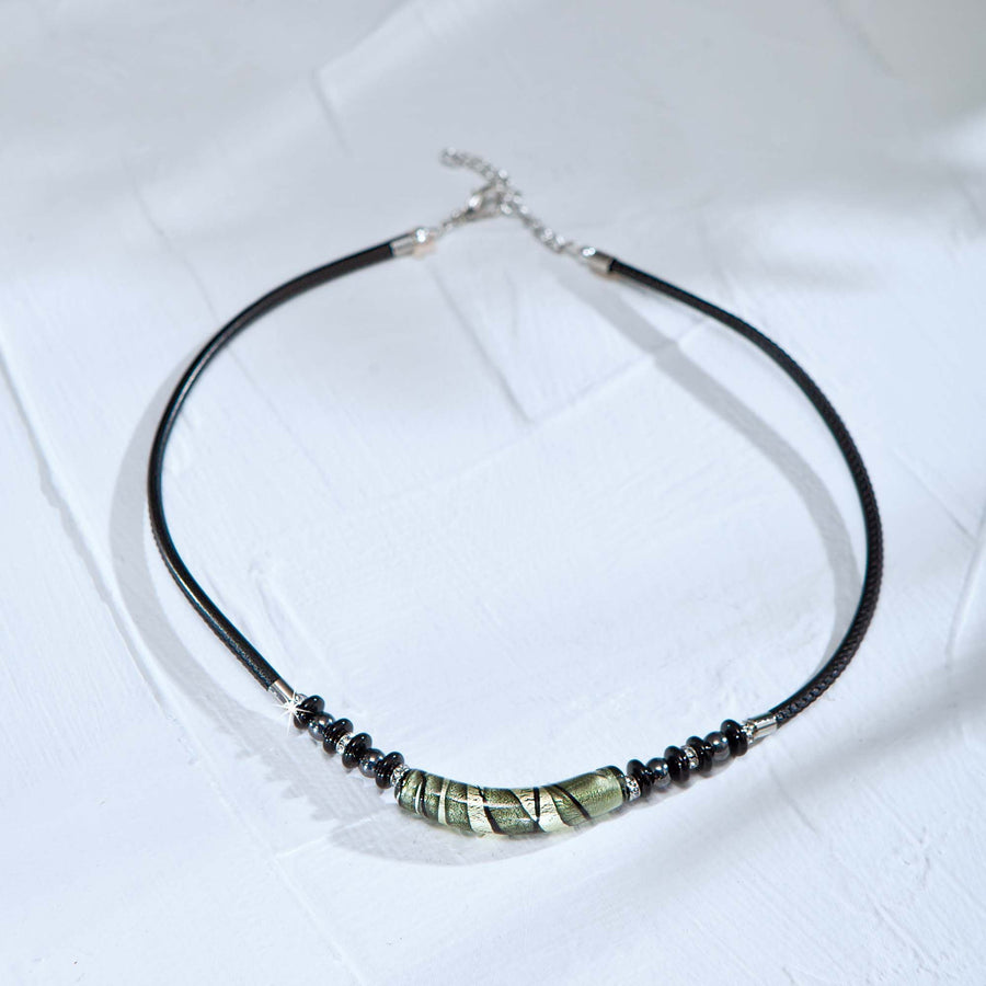 Murano Glass & Black Leather Bar Necklace
