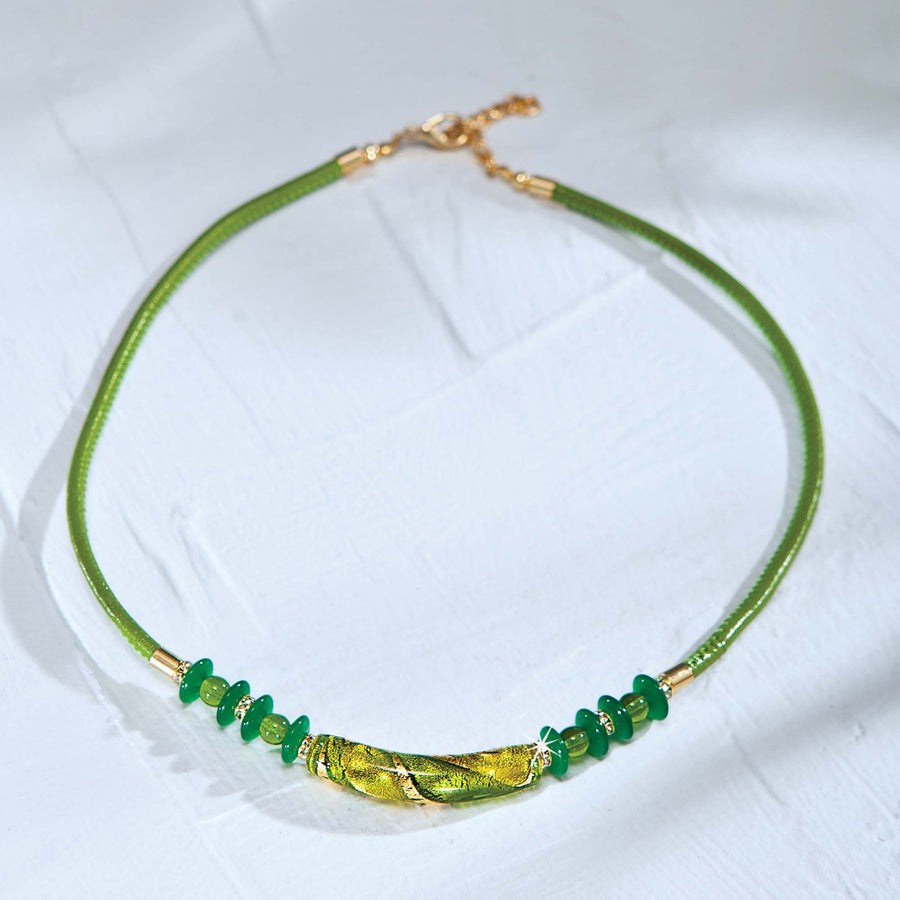 Murano Glass & Green Leather Bar Necklace