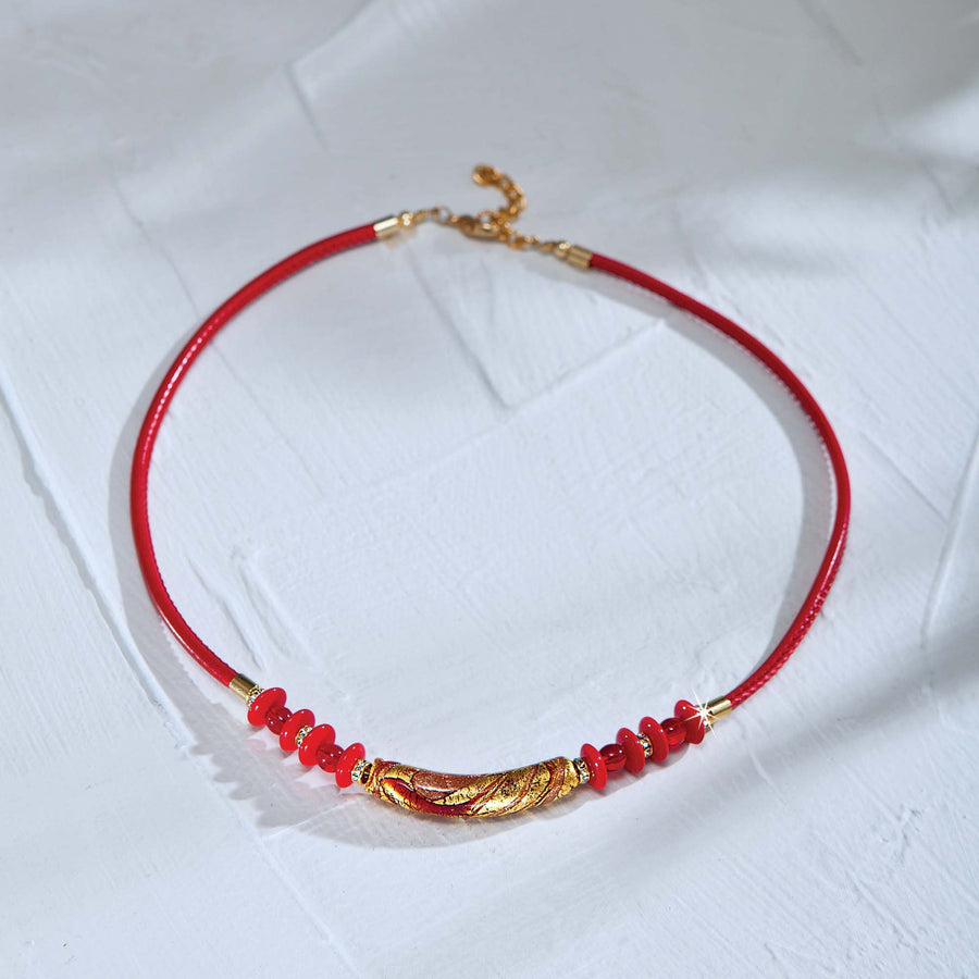 Murano Glass & Red Leather Bar Necklace