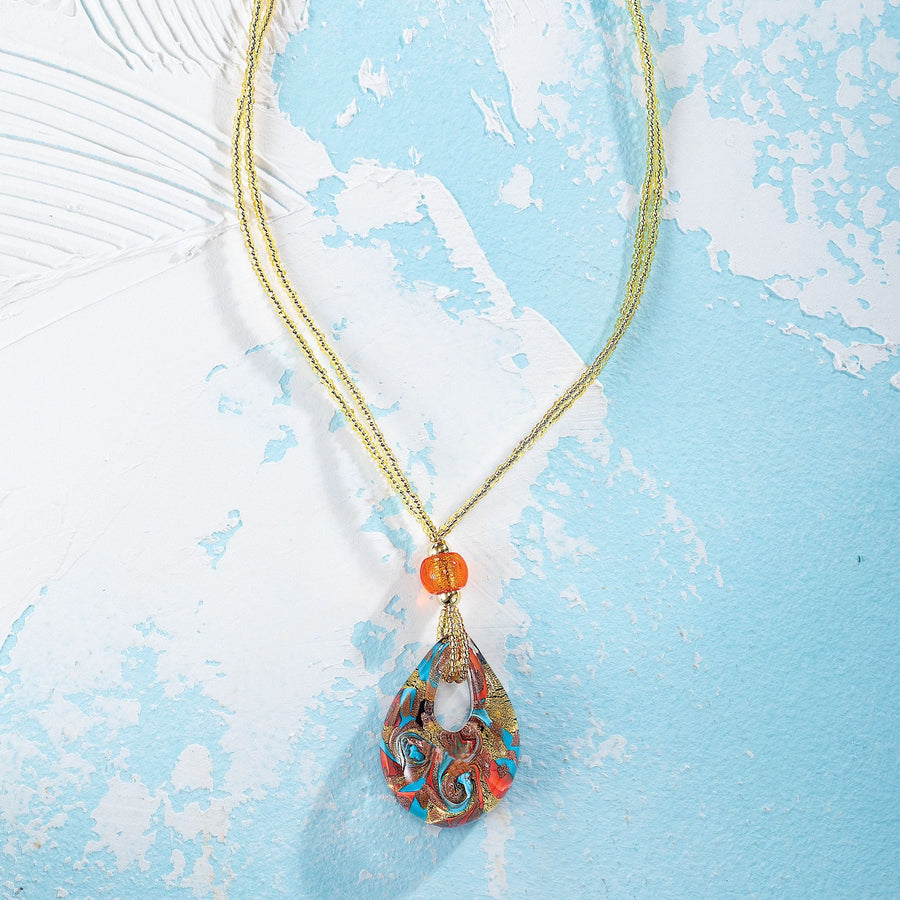 Coral & Turquoise Blue Murano Glass Teardrop Necklace