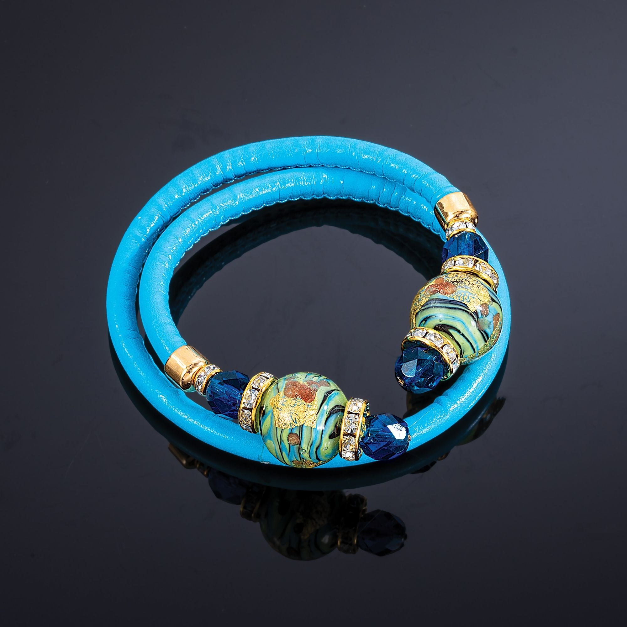 Murano Glass Turquoise Embellished Ends Leather Bracelet