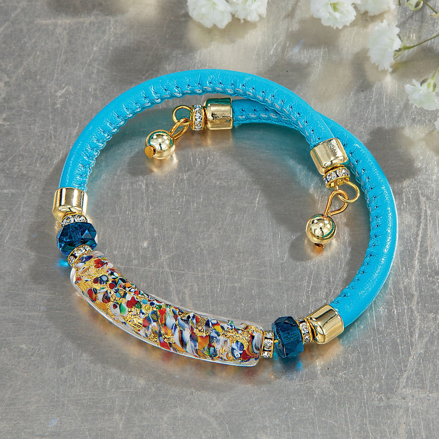 Murano Glass Above The Curve Turquoise Leather Bracelet