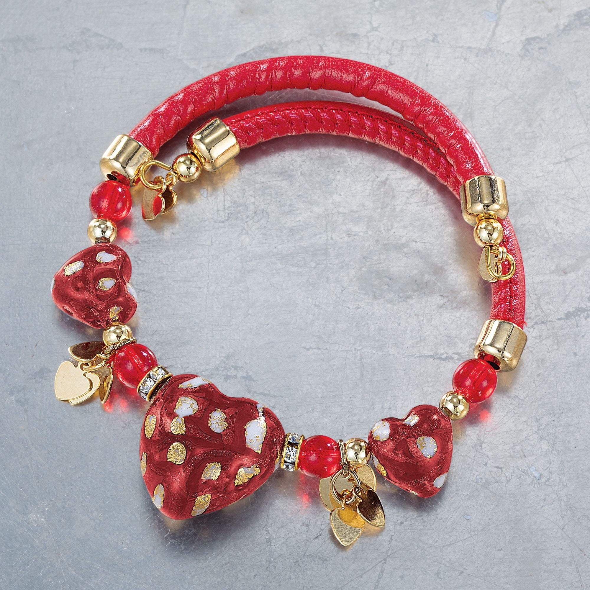 Murano Glass Red & Gold Swirled Hearts Leather Bracelet