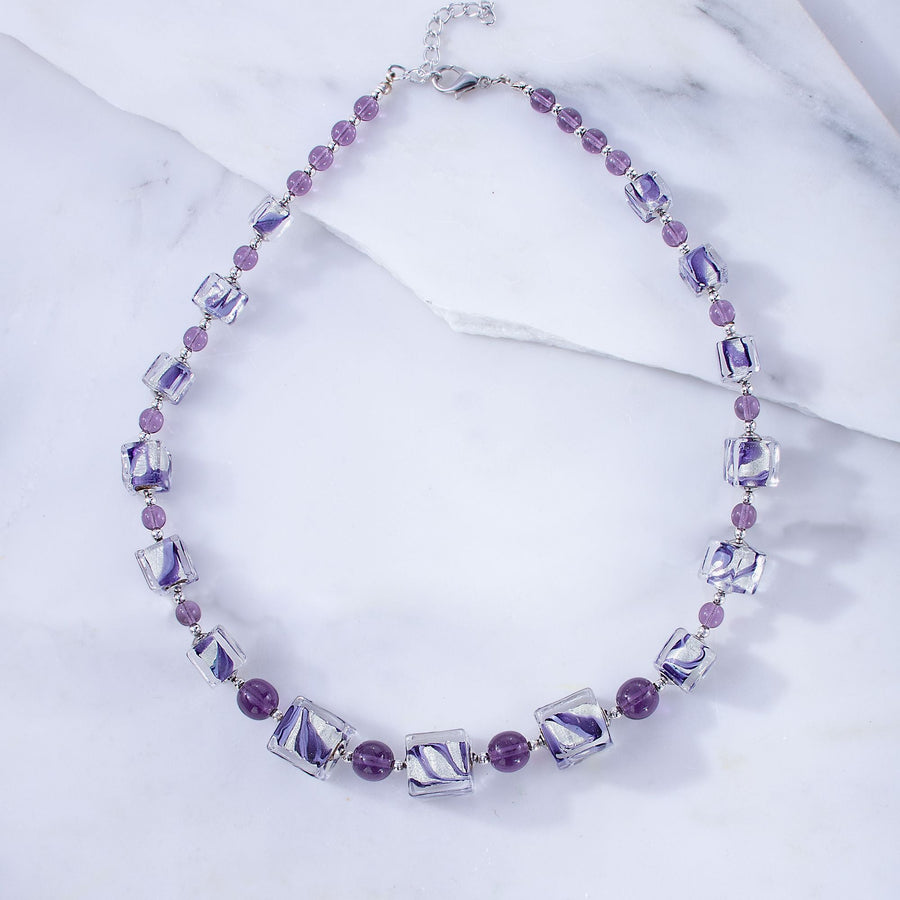 Murano Glass Purple & Silver Cube Necklace