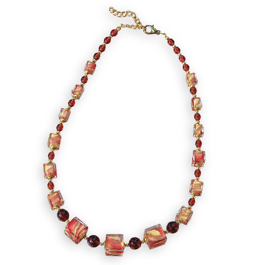 Murano Glass Ruby Pink Cube Necklace