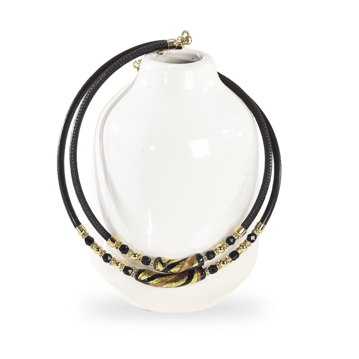 Murano Glass Black Leather Memory Wire Necklace Golden Elegance Collec ...