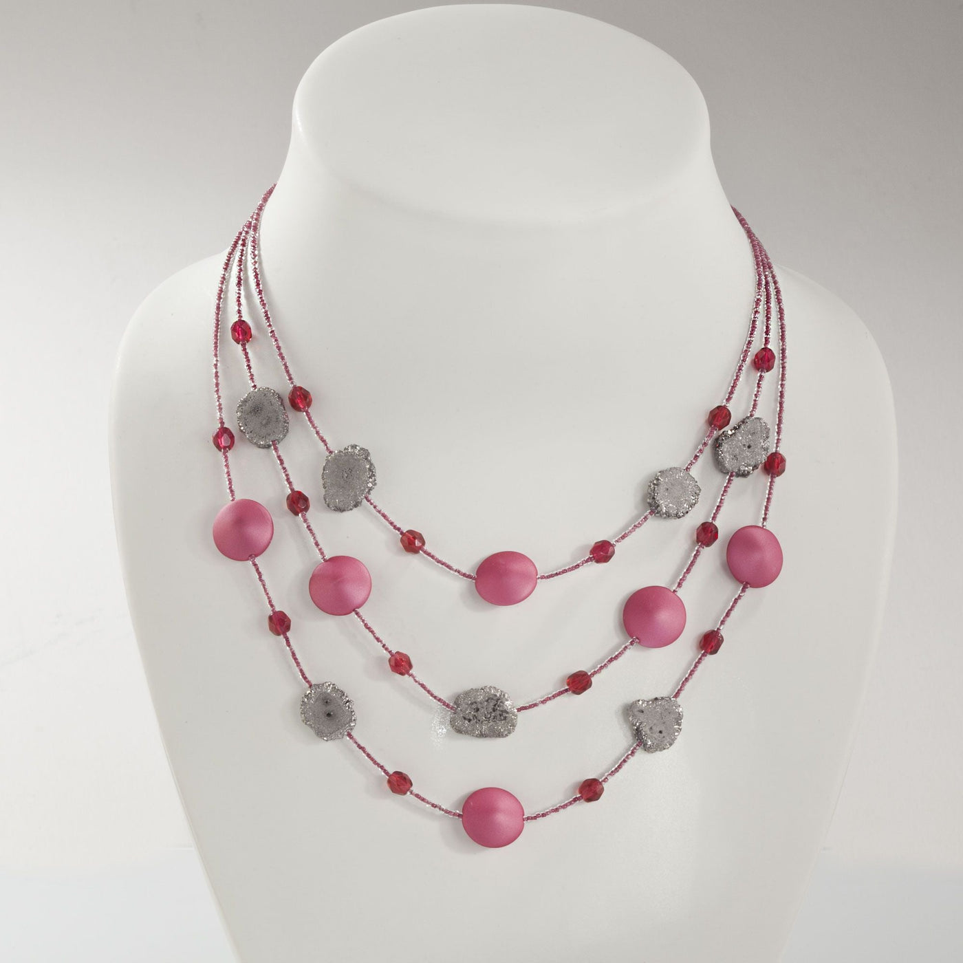 Murano Glass Pink & Grey Druzy Multi-Strand Necklace