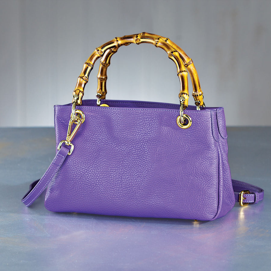 Florentine Leather Purple Handbag With Bamboo Handles