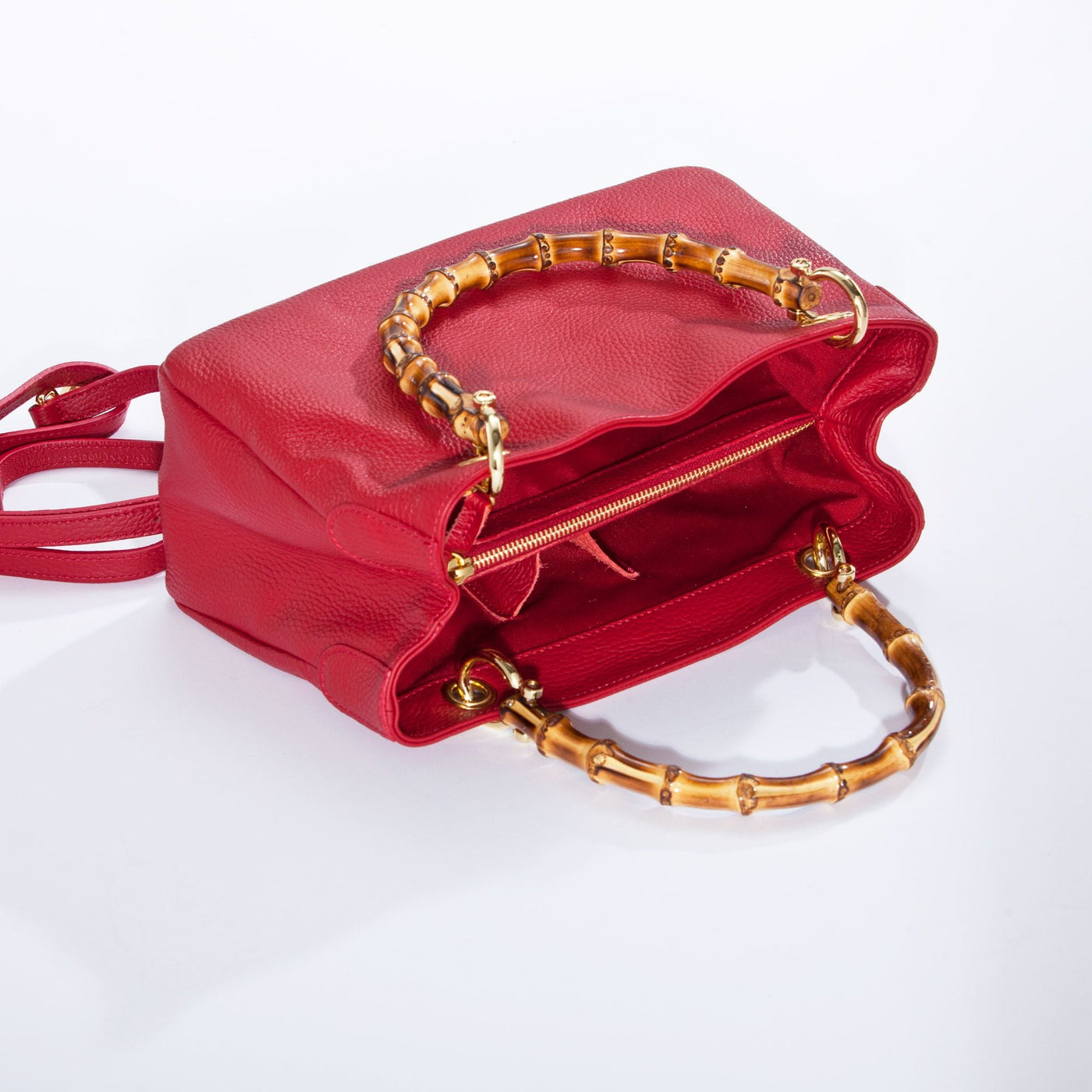 Florentine Leather Red Handbag With Bamboo Handles