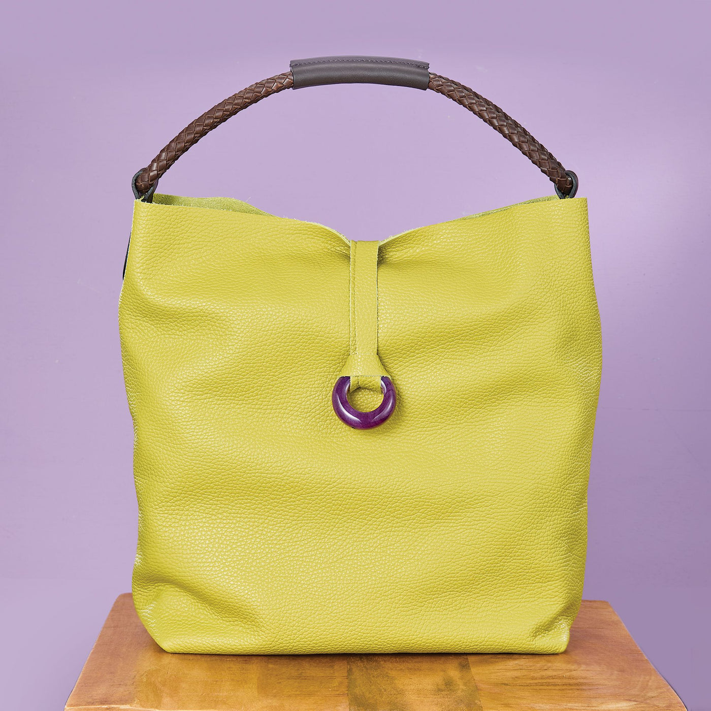 Celadon Florentine Leather Bucket Bag With Purple Agate Accent