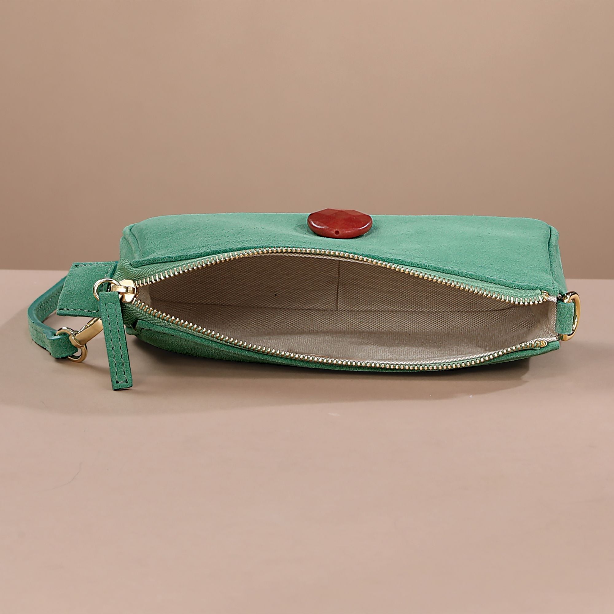 Florentine Suede Green Crossbody With Coral Stone