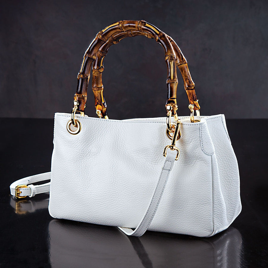 Florentine Leather White Bag With Bamboo Handles