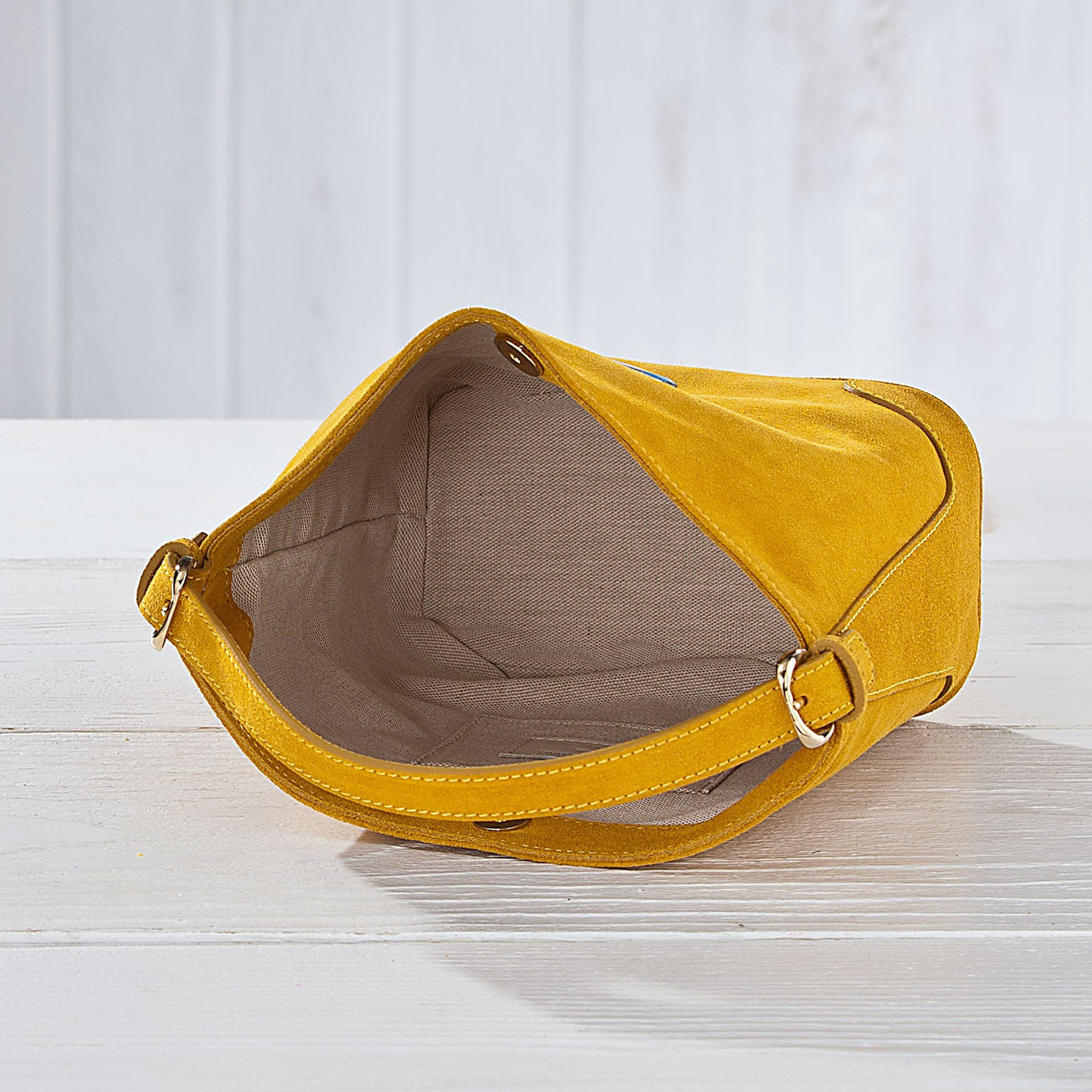 Florentine Suede Mustard Tote With Marbled Blue Agate